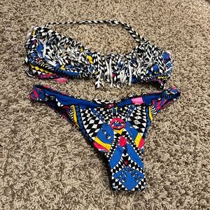 Vintage B Swim Geometric Print Fringe Bandeau Bikini Set Size M